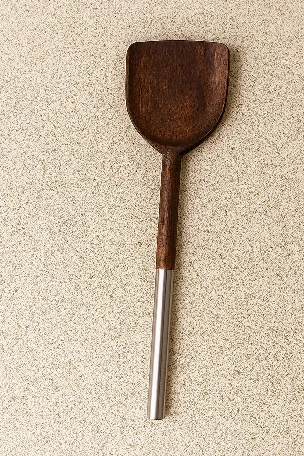 3 Parça Çelik Saplı Servis Takımı - Akasya Servis Kaşık Spatula Kepçe Seti Servis Seti