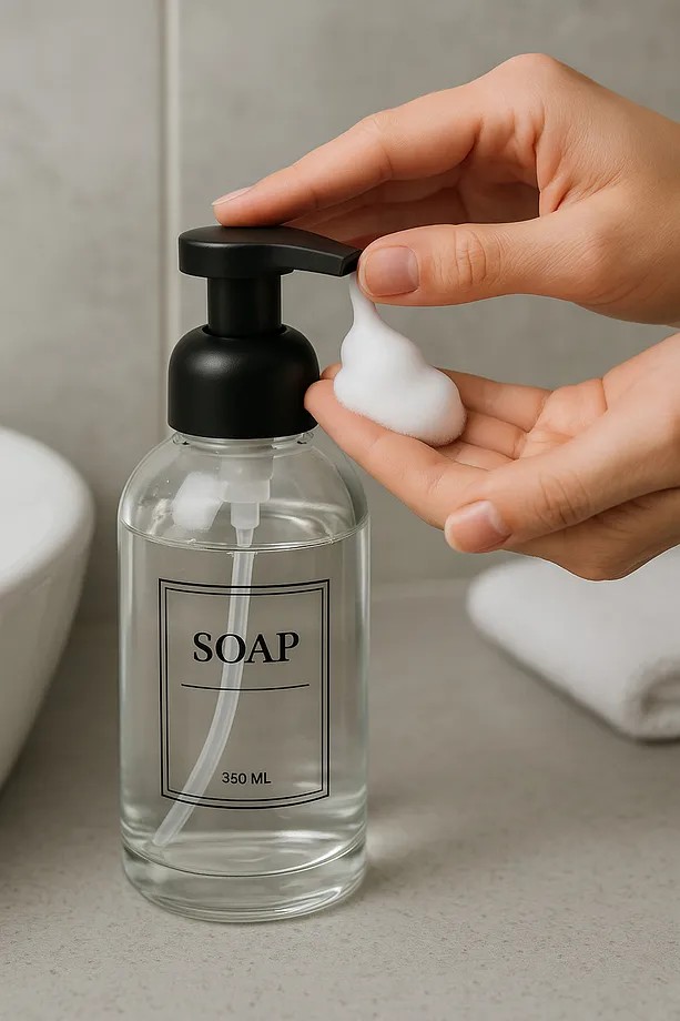 Köpük Pompalı Cam Sabunluk– Köpük Çıkartan Şeffaf Cam Sıvı Sabunluk-350 ml