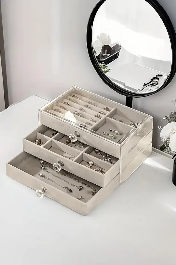 Kadife 3 Çekmeceli Modern Akrilik Takı Mücevher Kutusu Şeffaf Akrilik Organizer