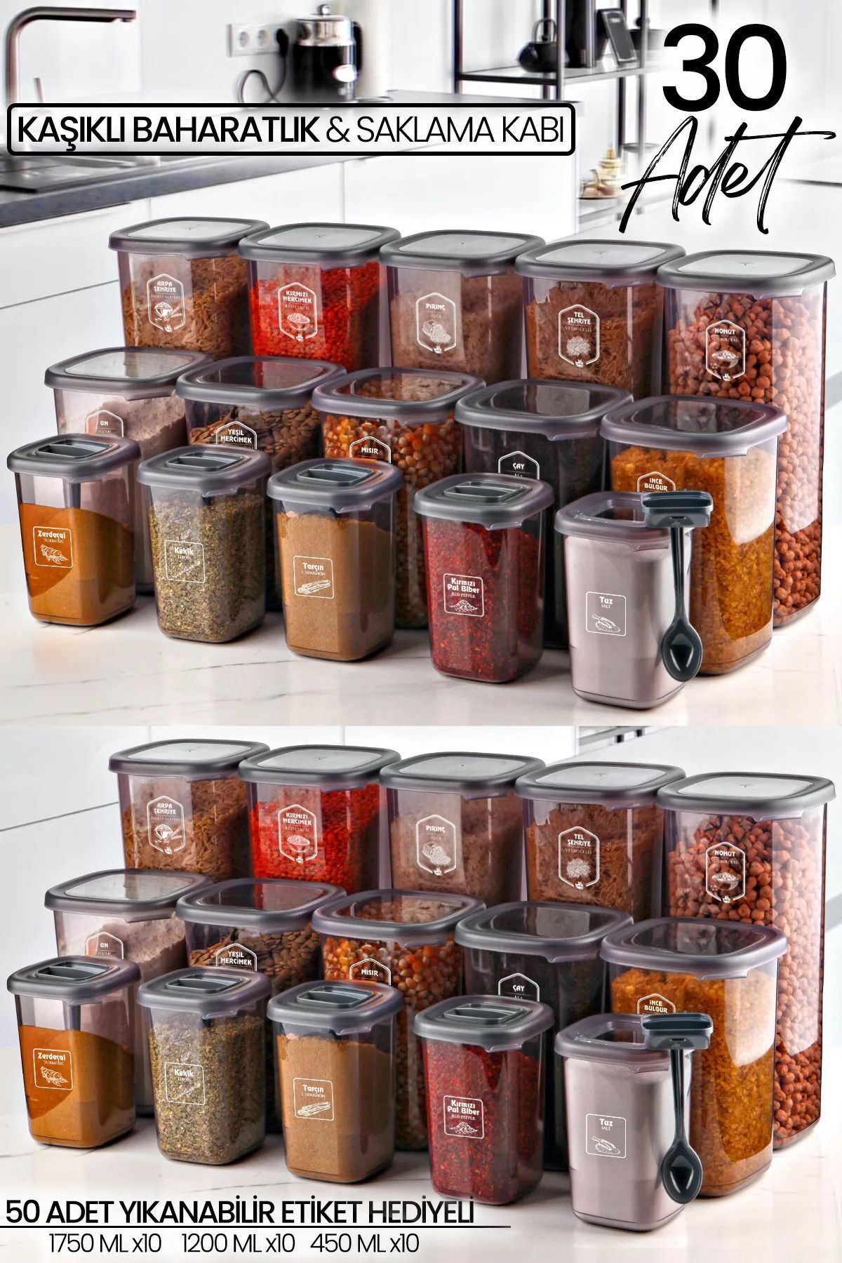 30'lu Etiketli Kare Erzak Saklama Kabı ve Kaşıklı Baharatlık Seti - (1750ml + 1200ml + 450 ml)