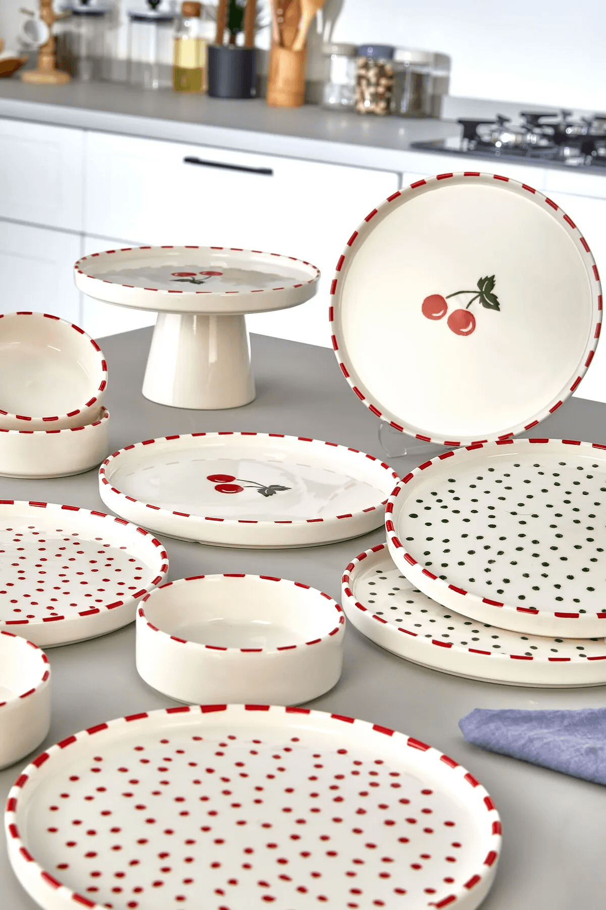 11 Parça 6 Kişilik Cherry Stackable Kahvaltı Takımı - Kirazlı Kahvaltılık Sunum Tabağı
