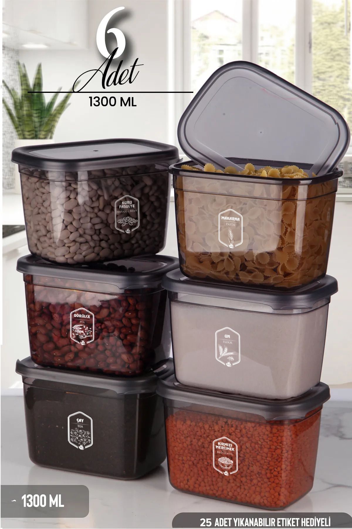 Avantajlı 6'lı Antrasit Moly Dikdörtgen Saklama Kabı Seti 1300ml - Çoklu Set Yapılabilen Set Erzak