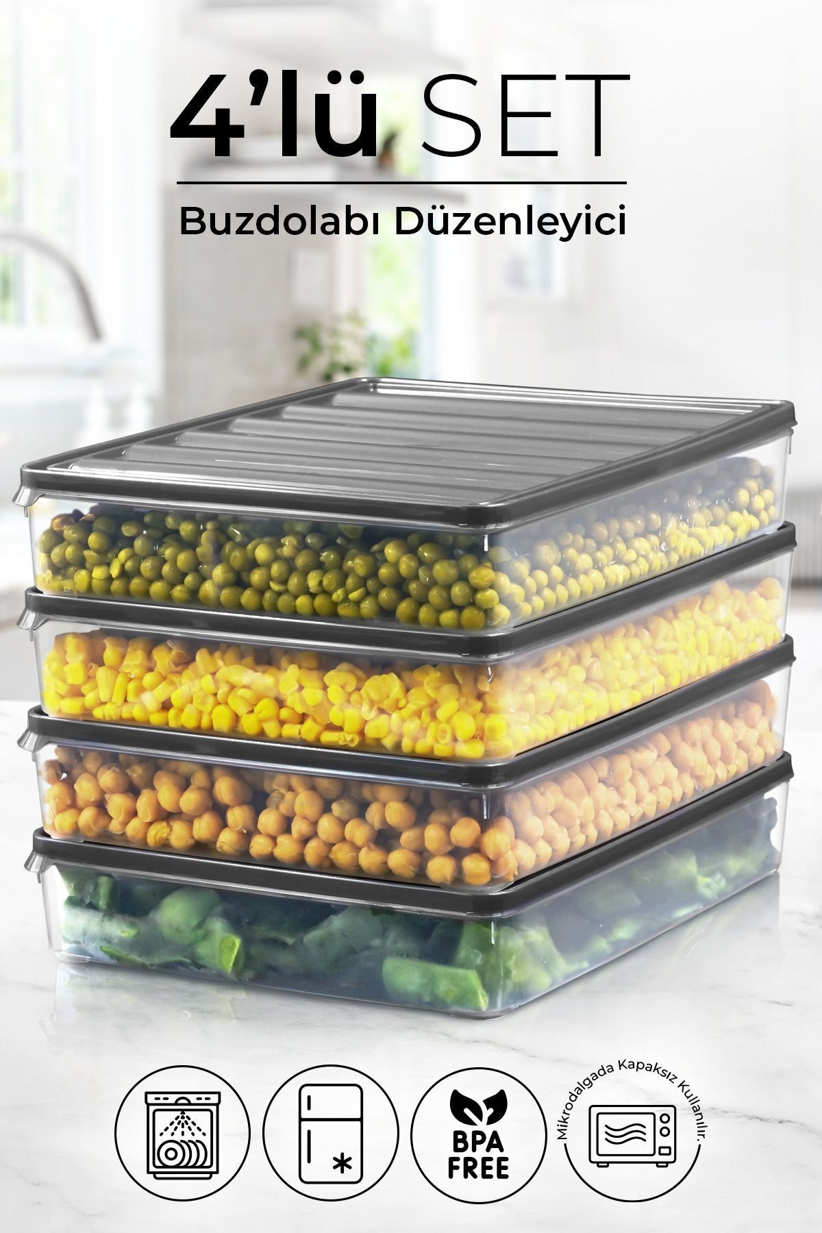 4 lü 2500 ml Buzdolabı ve Mikrodalga Saklama Kabı - Buzdolabı Organizeri Saklama Kutusu