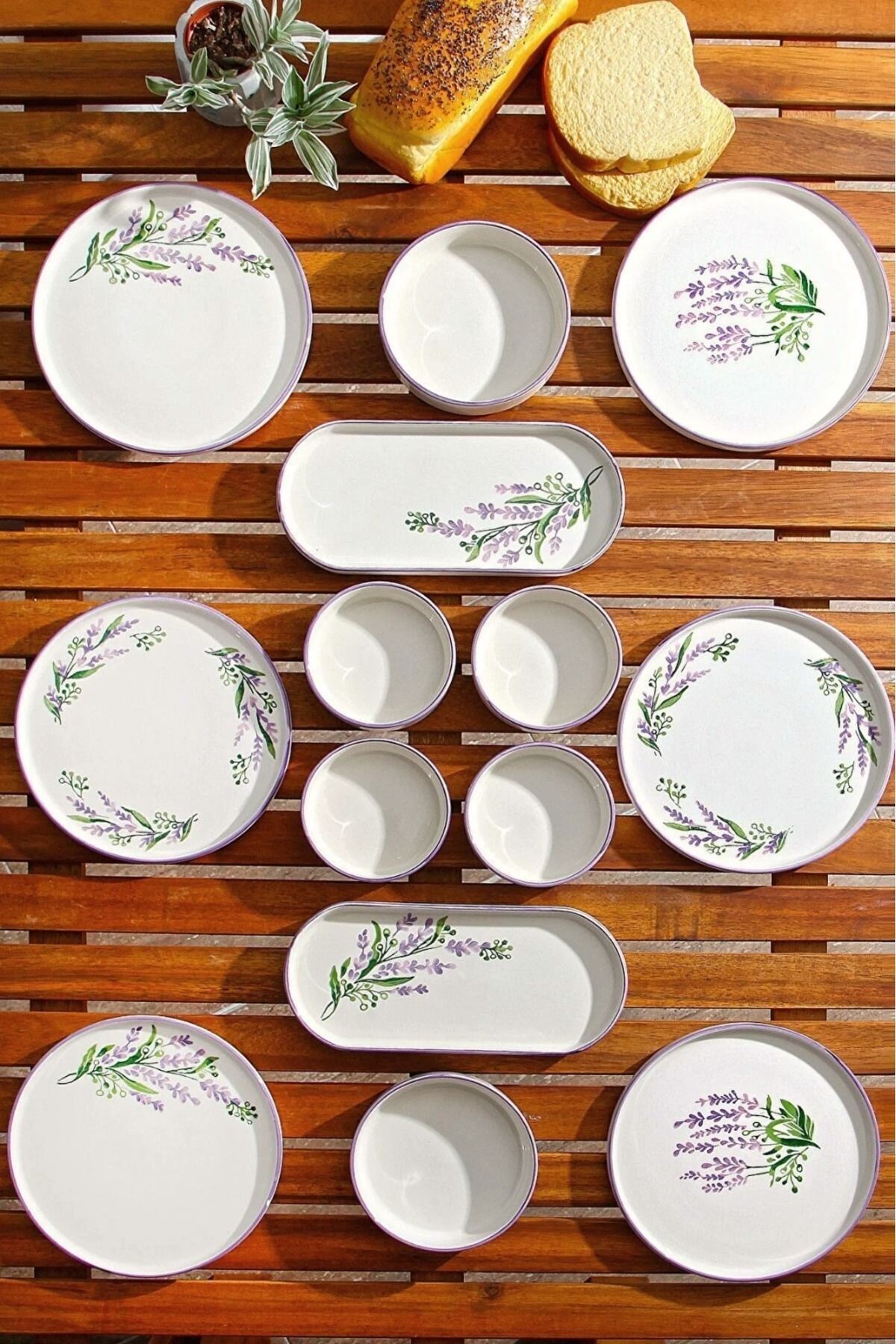 14 Parça 6 Kişilik Stackable Lavantalı Kahvaltı Takımı - Lüx Kahvaltılık Sunum Seti Tabağı