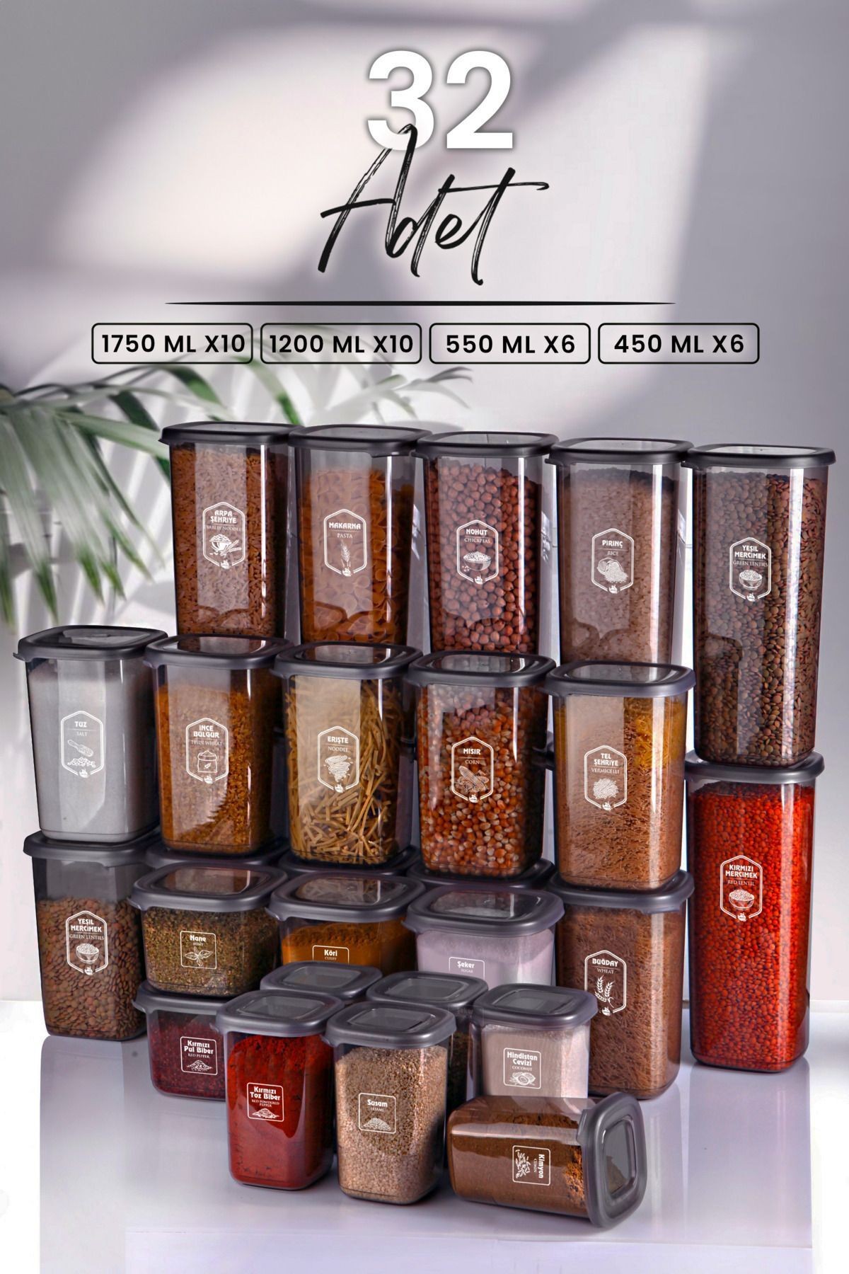 32'li Etiketli Modernity Kare Erzak Saklama Kabı Seti (1750ml x10 - 1200ml x10 - 550ml x6 - 450 x6 )