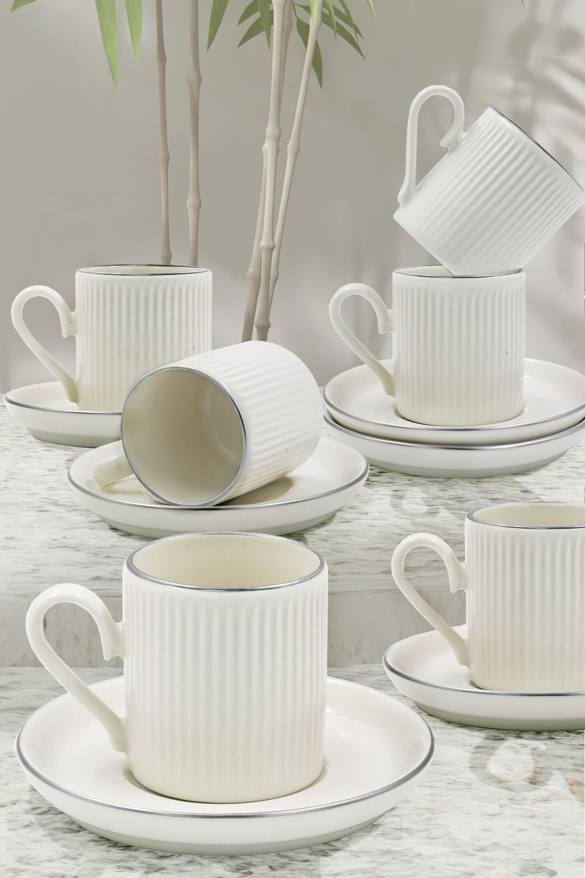 4 Parça 2 Kişilik Stackable Çizgili Gümüş Yaldızlı Kahve Fincan Takımı - Kahve Fincanı Seti 100ml