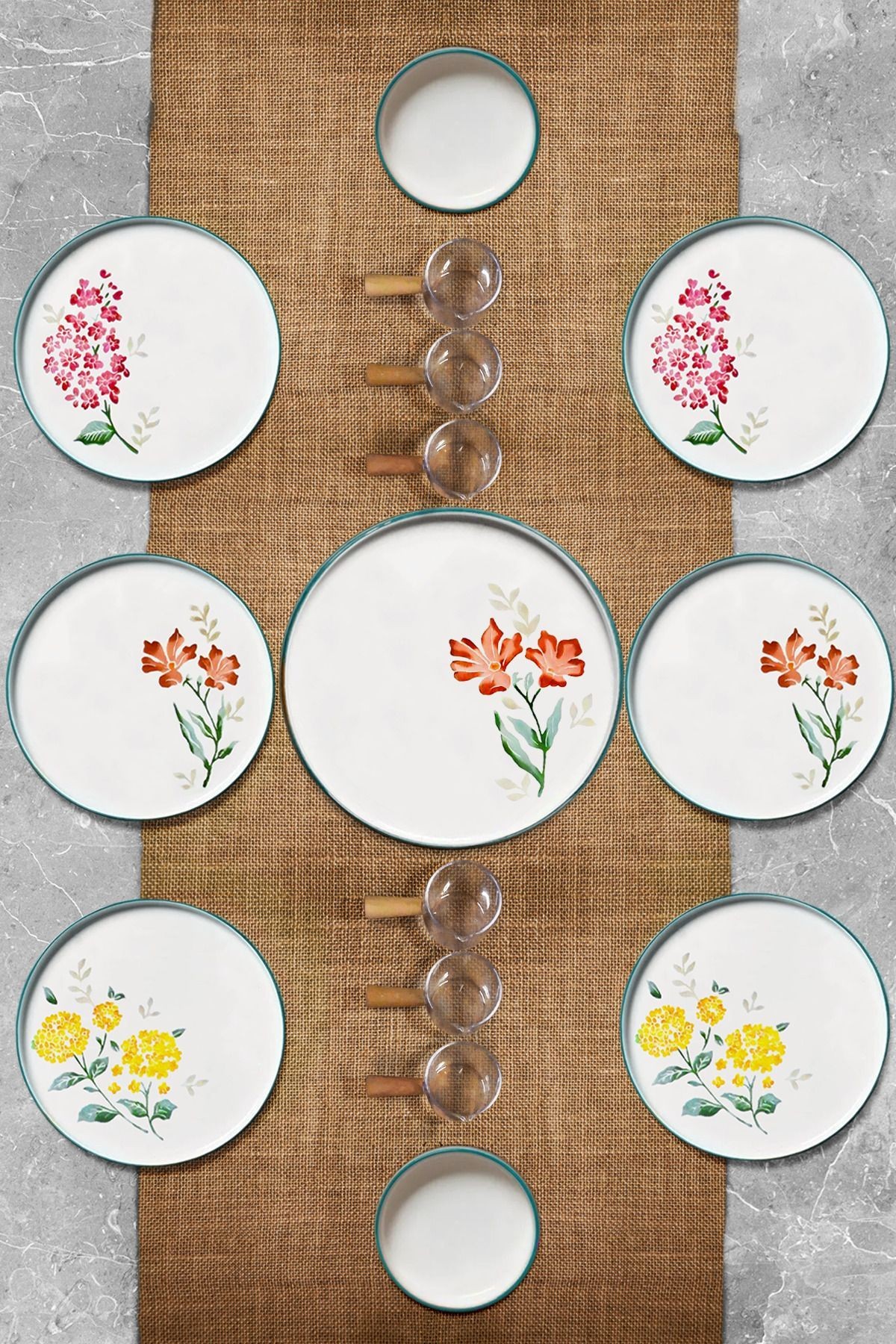 15 Parça 6 Kişilik Flowers Stackable Kahvaltı Takımı - Sosluklu Çiçekli Kahvaltılık Sunum Seti Tabağı