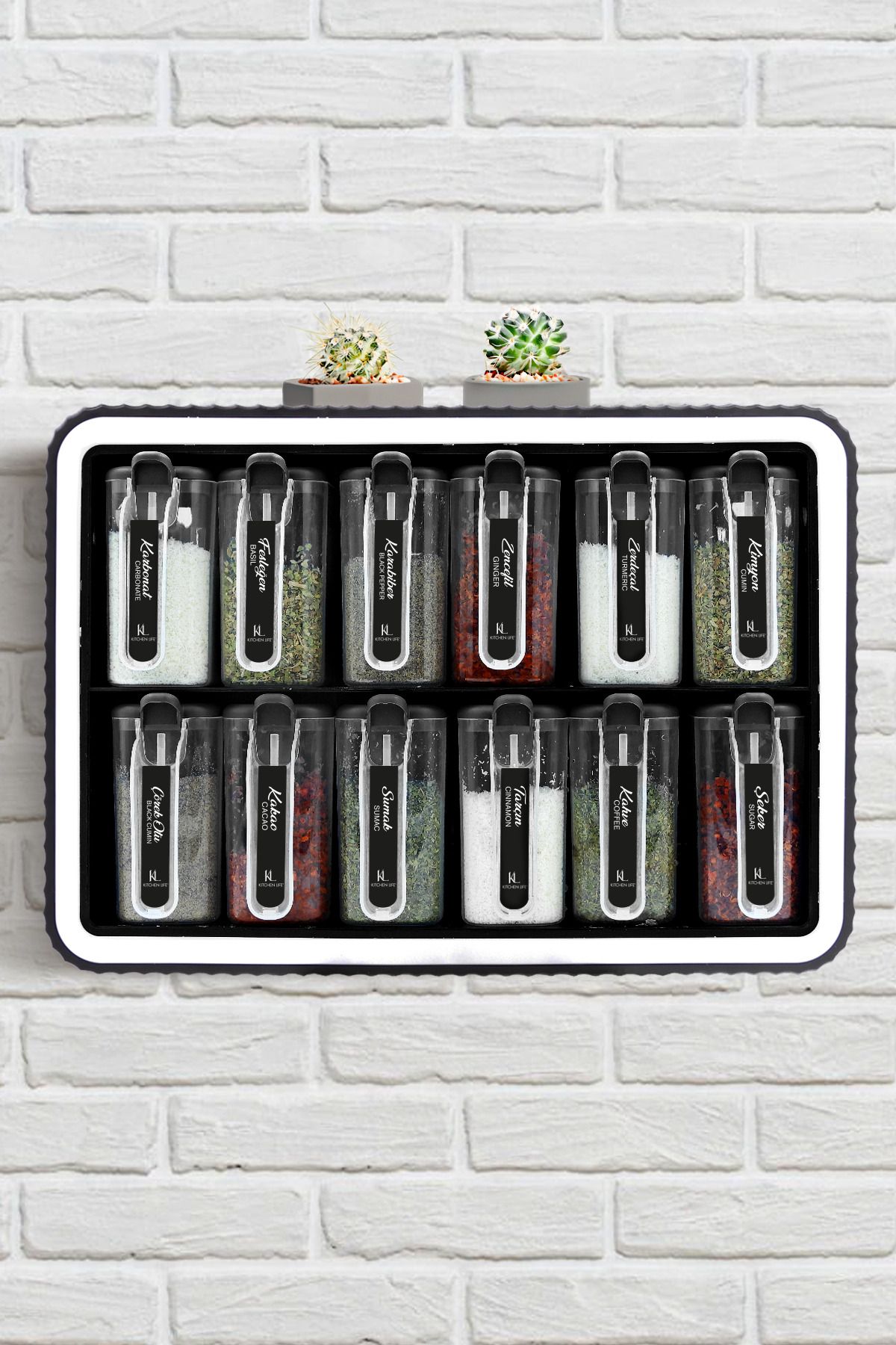 12 li Standlı Kendinden Yapışkanlı Kapaklı Kaşıklı Baharatlık Takımı - Kulplu Baharatlık Standı