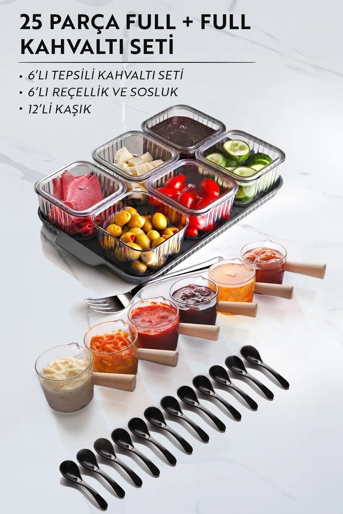 25 Parça Full Sunum Kahvalatı Seti (6+1 Kahvaltılık 6+1 Ahşap Saplı Reçellik Sosluk x12 Kaşık)