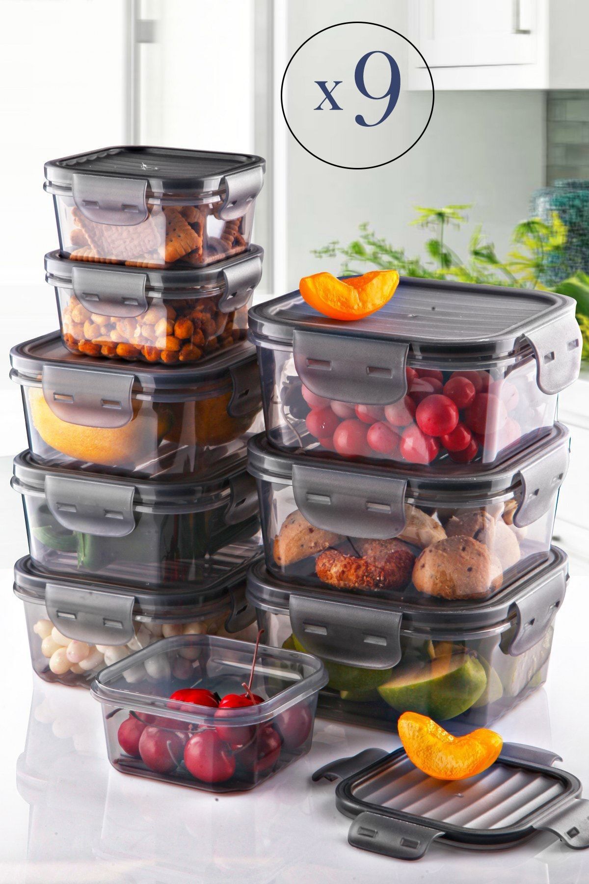 9'lu Tam Vakumlu Kilitlli Erzak Saklama Kabı Seti -Hava Geçirmez (400ml x 800ml x 1400ml) Sızdırmaz