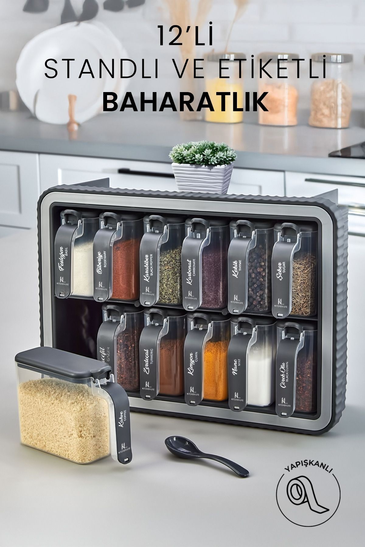 12 li Standlı Kendinden Yapışkanlı Kapaklı Kaşıklı Baharatlık Takımı - Kulplu Baharatlık Standı