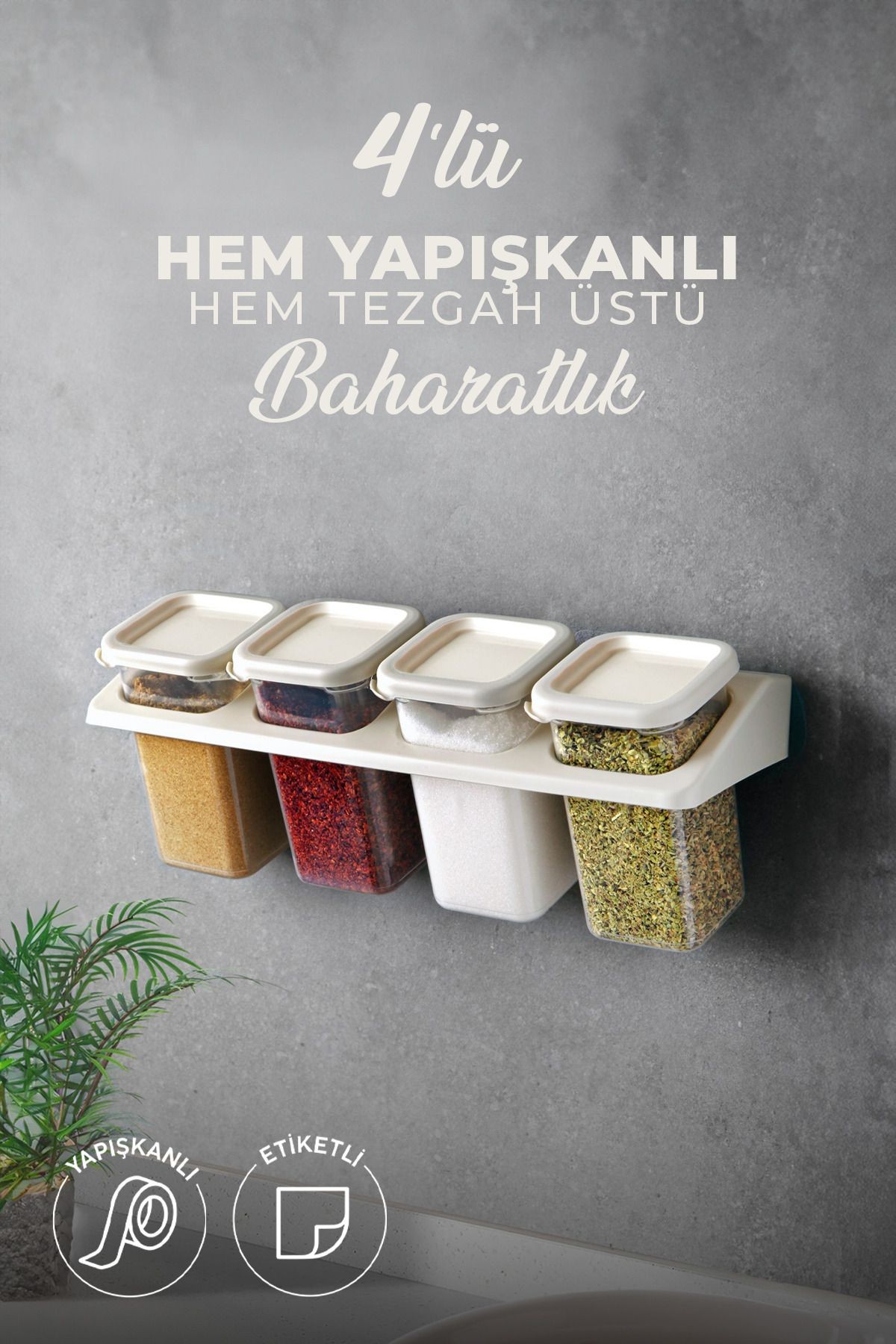 4'lü Etiketli Standlı Kendinden Yapışkanlı Kare Baharatlık Takımı - Erzak Saklama Kabı Seti