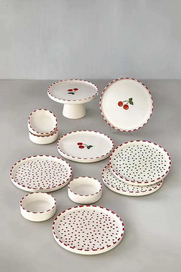 11 Parça 6 Kişilik Cherry Stackable Kahvaltı Takımı - Kirazlı Kahvaltılık Sunum Tabağı