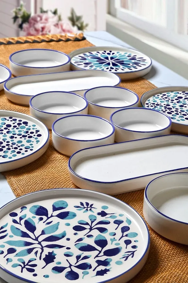 14 Parça 6 Kişilik Stackable Blue Etnik Kahvaltı Takımı - Lüx Kahvaltılık Sunum Seti Tabağı