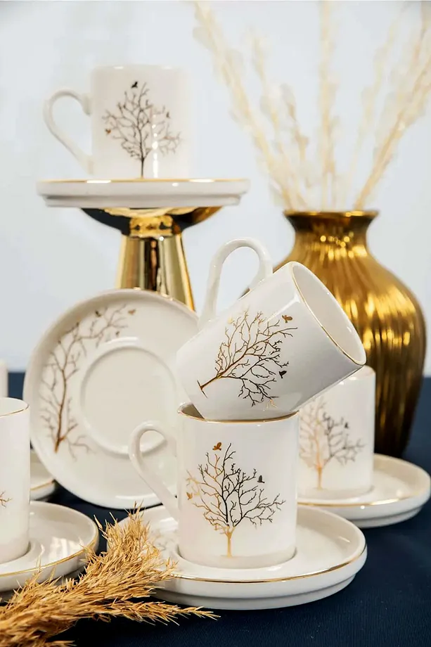 12 Parça 6 Kişilik Hayat Ağacı Kahve Fincan Takımı - Kahve Fincanı Seti 105ml