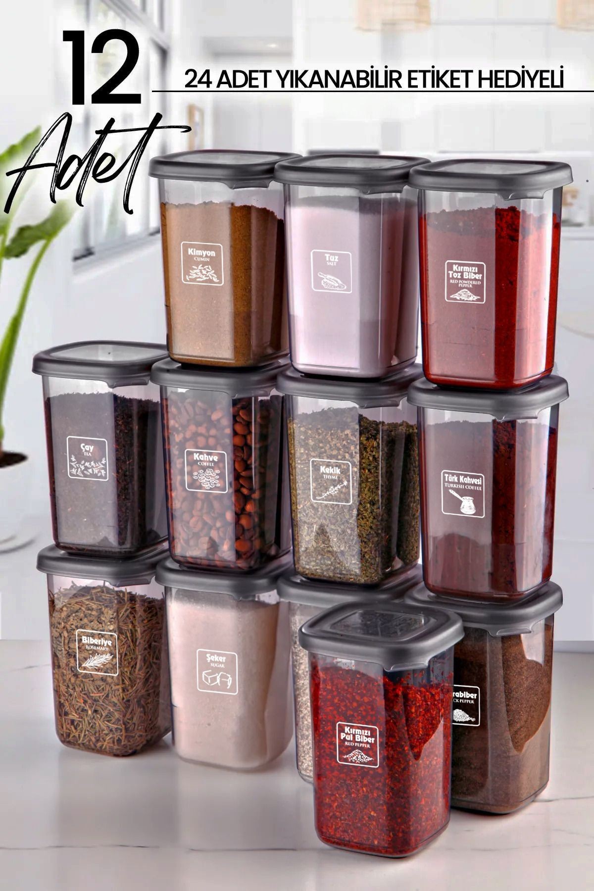 12'li Etiketli Modernity Etiketli Kare Baharatlık Takımı 450 ml - Erzak Saklama Kabı Seti
