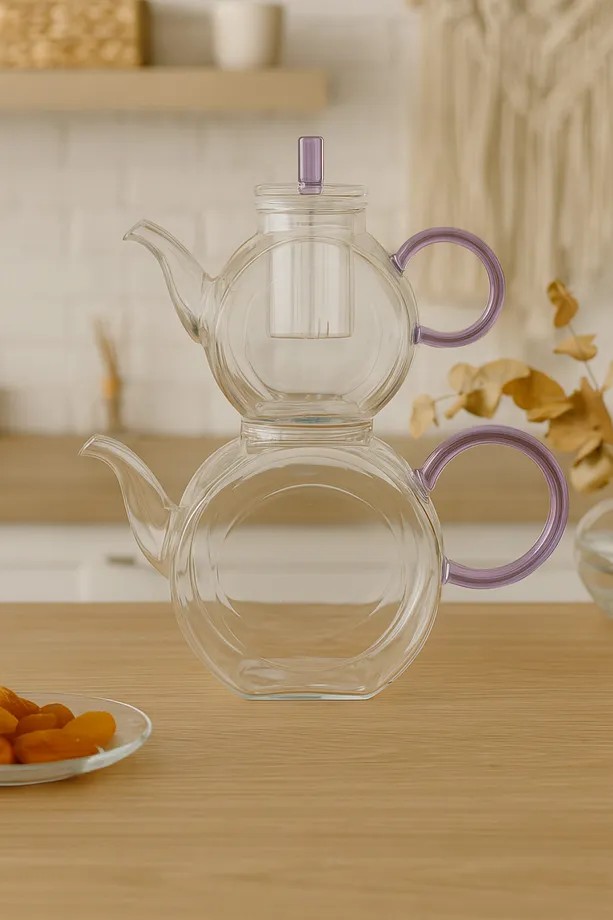 Isıya Dayanıklı Borosilikat Cam Çaydanlık 600-1500 ml - Renkli Kuplu Çay Demliği
