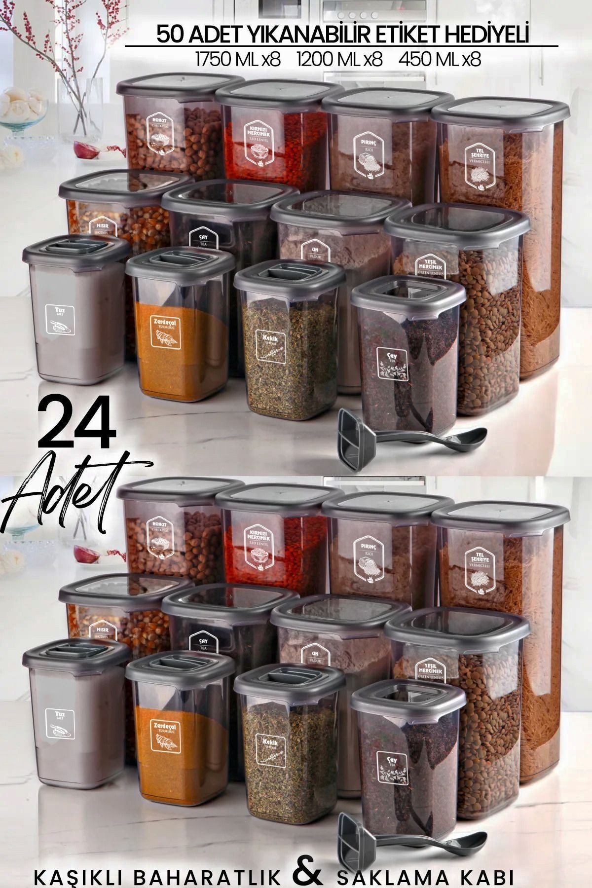 24'lü Etiketli Kare Erzak Saklama Kabı ve Kaşıklı Baharatlık Seti - (1750ml + 1200ml + 450 ml)