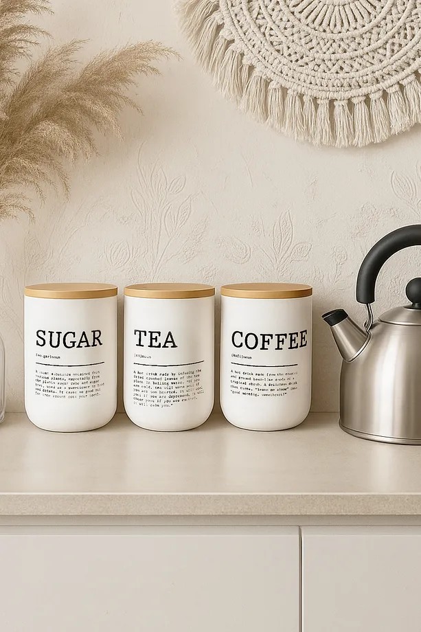 3'Lü Vakumlu Bambu Kapaklı Beyaz Tea Coffee Sugar Kavanoz Seti 900 Ml - Çay,Şeker,Kahve Kavanozu