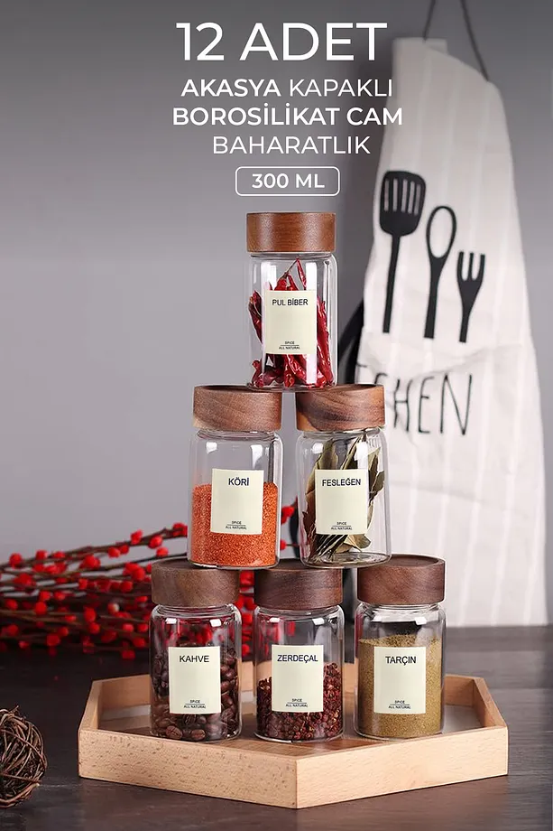 Acassia 12'li Akasya Kapaklı Borosilikat Cam Baharatlık Takımı / 56 Adet Etiket Hediyeli / 300ml