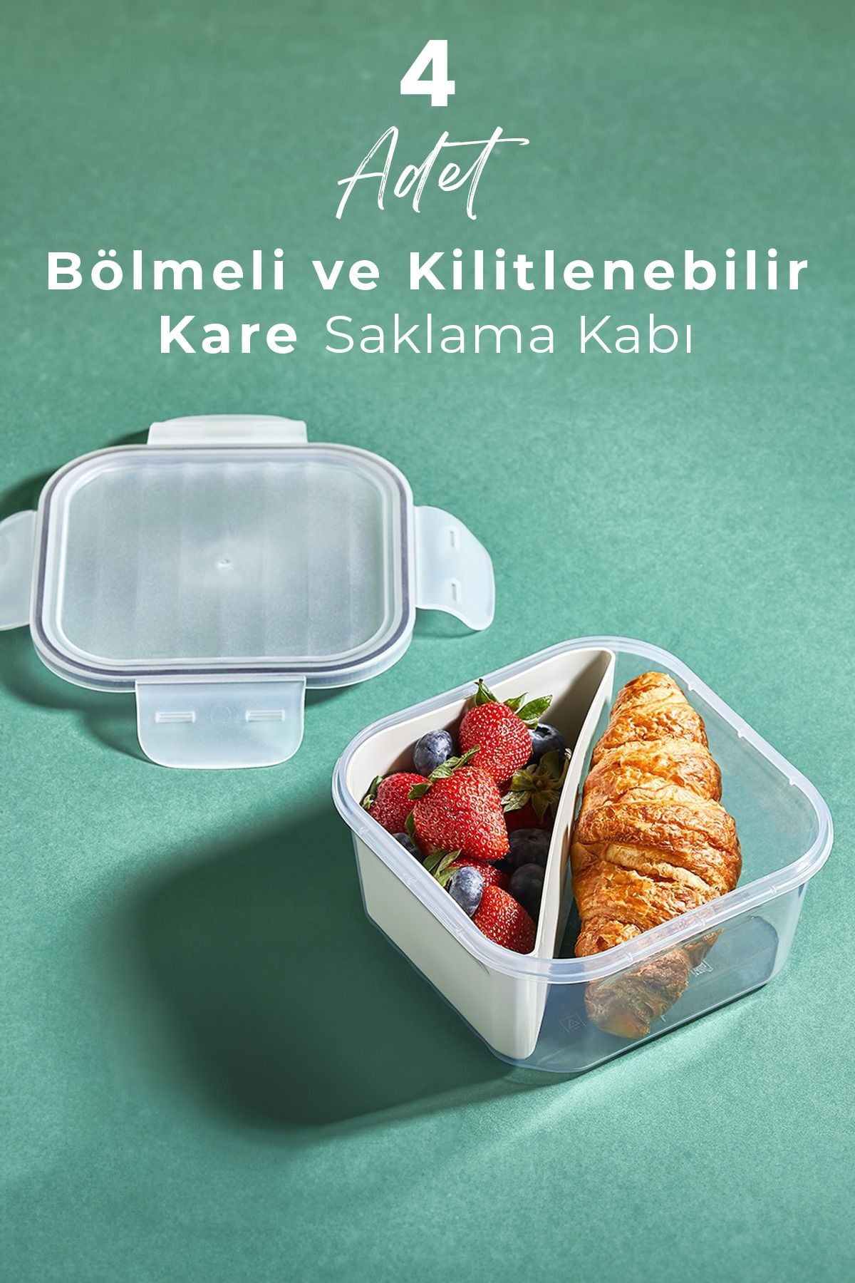 4 Adet 2 Bölmeli 1,4lt Kilitli Sızdırmaz Kapaklı Saklama Kabı - Kahvaltılık - Beslenme Kabı -1400 ML