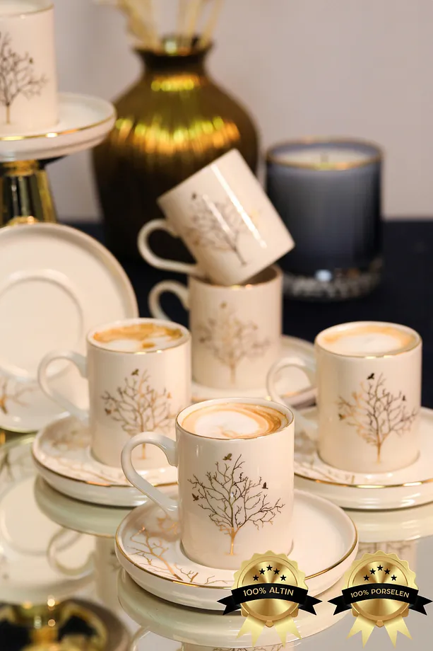 Hayat Ağacı 12 Parça 6 Kişilik Altın Yaldız 80 ml Porselen Kahve Fincan Takımı