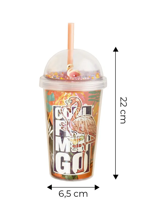 El Yakmaz Çift Katmanlı Neon Flamingo Desenli Pipetli Bardak 600 Ml–Eğlenceli İçecek Bardağı