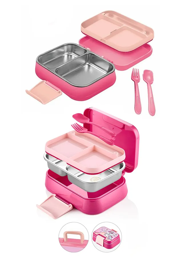 Happii Vakumlu 4 Bölmeli Paslanmaz Çelik Çocuk Beslenme Kabı - Unicorn Desenli Yemek Kutusu