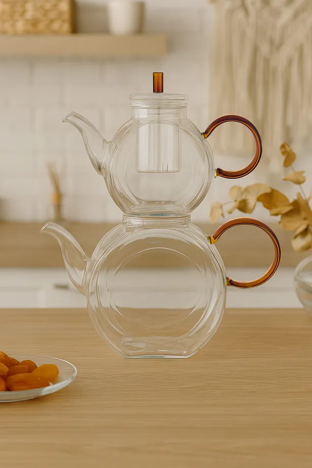 Isıya Dayanıklı Borosilikat Cam Çaydanlık 600-1500 ml - Renkli Kuplu Çay Demliği