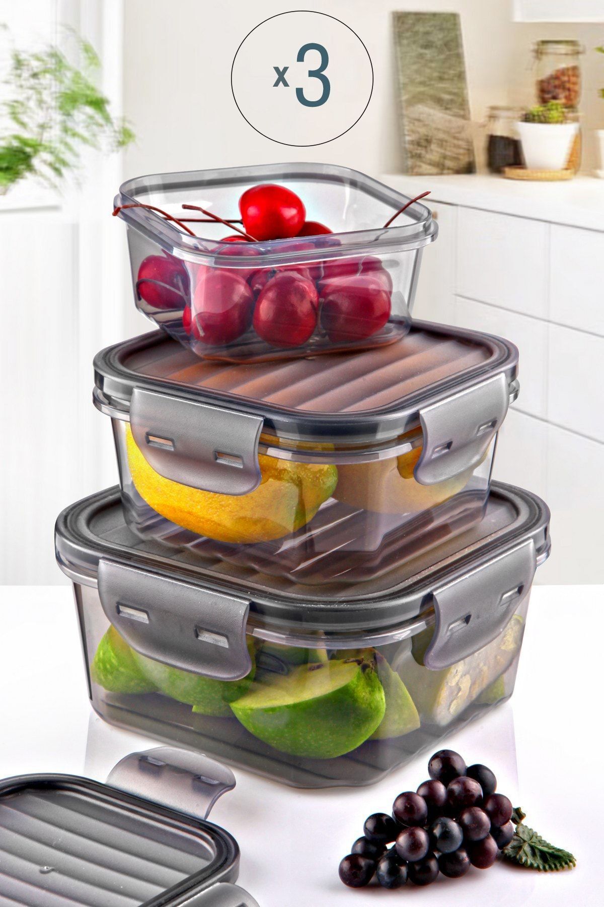 3'lü Tam Vakumlu Kilitlli Erzak Saklama Kabı Seti -Hava Geçirmez (400ml+800ml+1400ml) Sızdırmaz