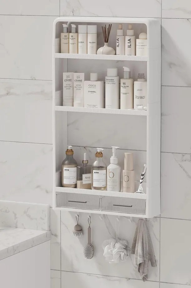 Yapışkanlı Modüler 3 Katlı Banyo Düzenleyici Rafı Organizeri Askılıklı & Çekmeceli Organizer