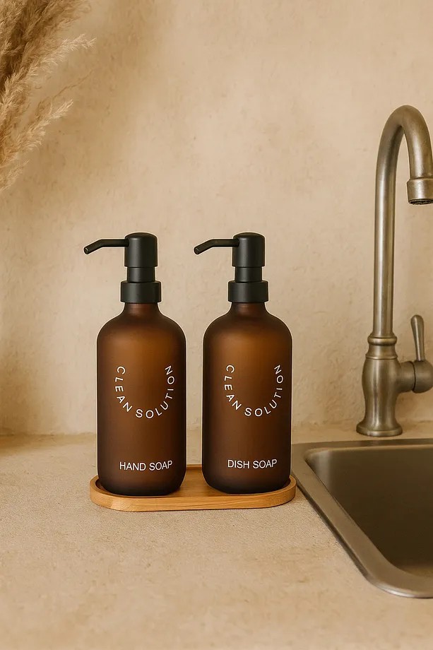 2' li Amber Bambu Altlıklı Cam Sıvı Sabunluk Seti 500 ml - Bambu Standlı Sabunluk Seti