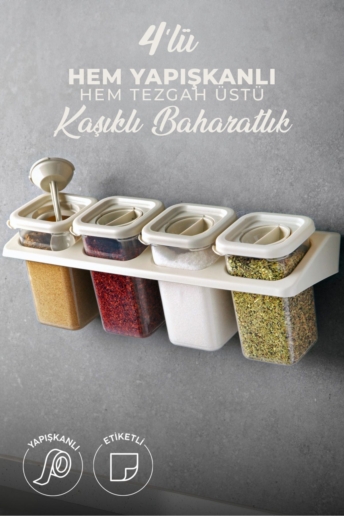 4'lü Etiketli Standlı Kilitli Kaşıklı Kendinden Yapışkanlı Kare Baharatlık Takımı - Erzak Saklama Kabı Seti