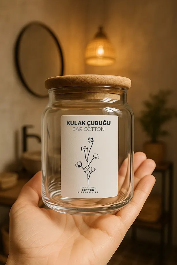 3 lü Ahşap Kapaklı Cam Makyaj Pamuğu Kulak Çubuğu Pamuk Organizeri- Saklama Kutusu