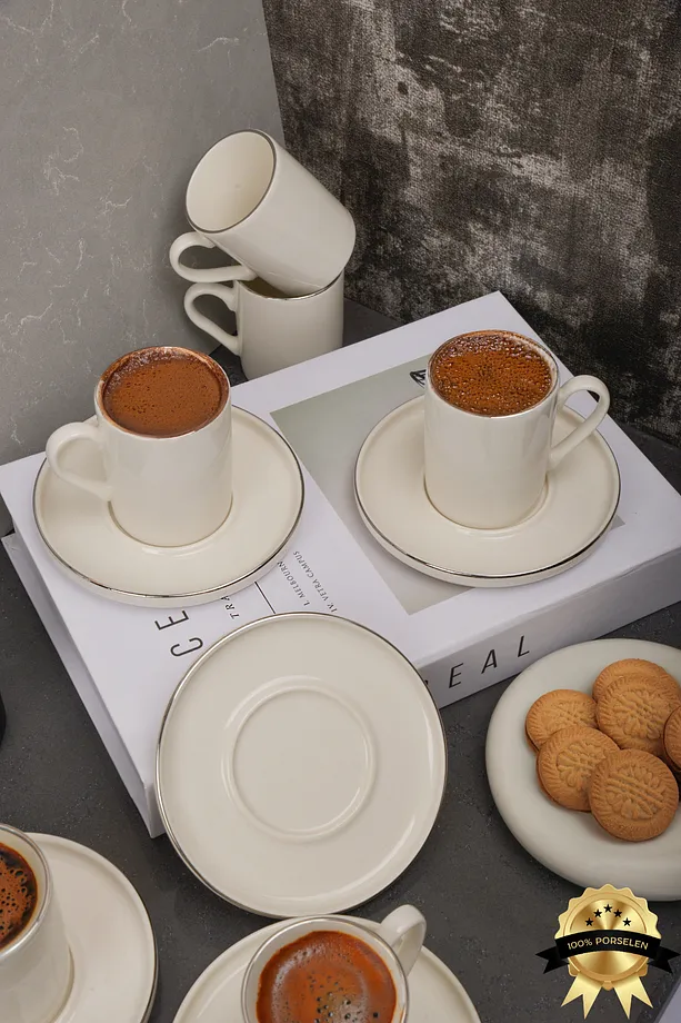 Rüya Platin Yaldız 12 Parça 6 Kişilik Porselen Kahve Fincan Takımı Kırık Beyaz