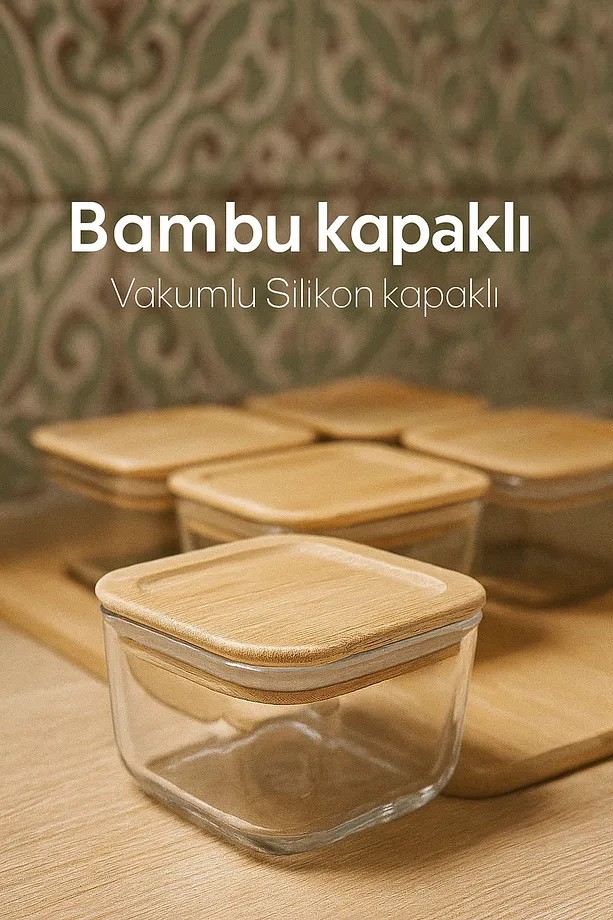 Bambu Vakumlu Kapaklı Cam Kahvaltı Seti - Sunum Tepsili 13 Parça Kahvaltılık