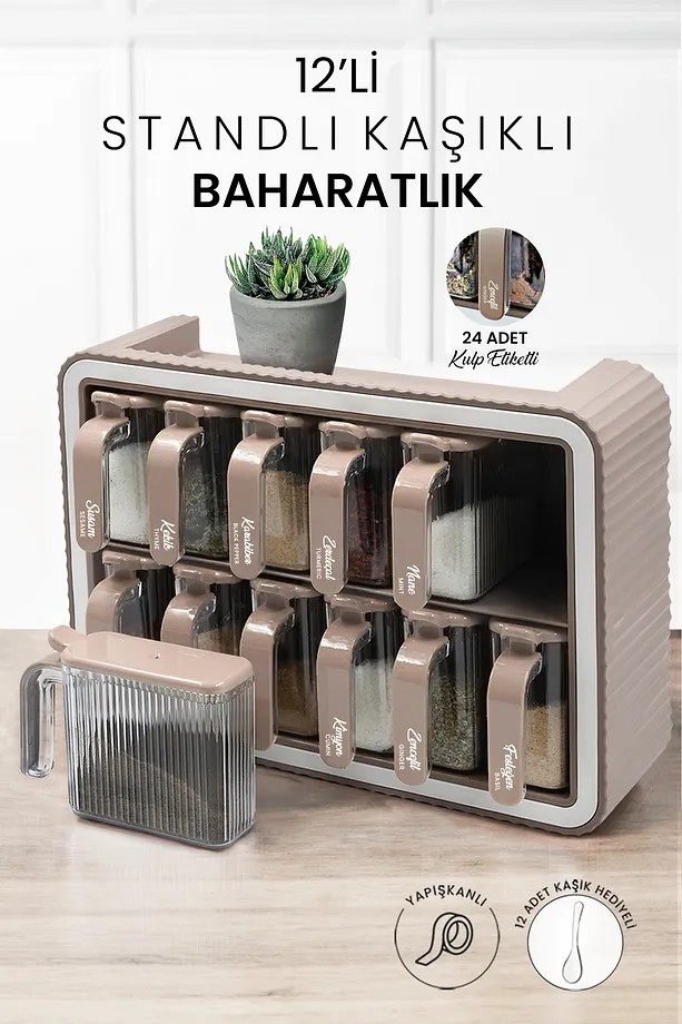 12 Li Standlı Kendinden Yapışkanlı Kapaklı Kaşıklı Çizgili Baharatlık Takımı - Kulplu Etiketli 300ml