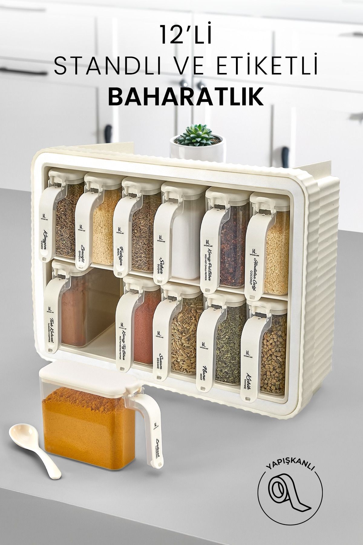 12 li Standlı Kendinden Yapışkanlı Kapaklı Kaşıklı Baharatlık Takımı - Kulplu Baharatlık Standı