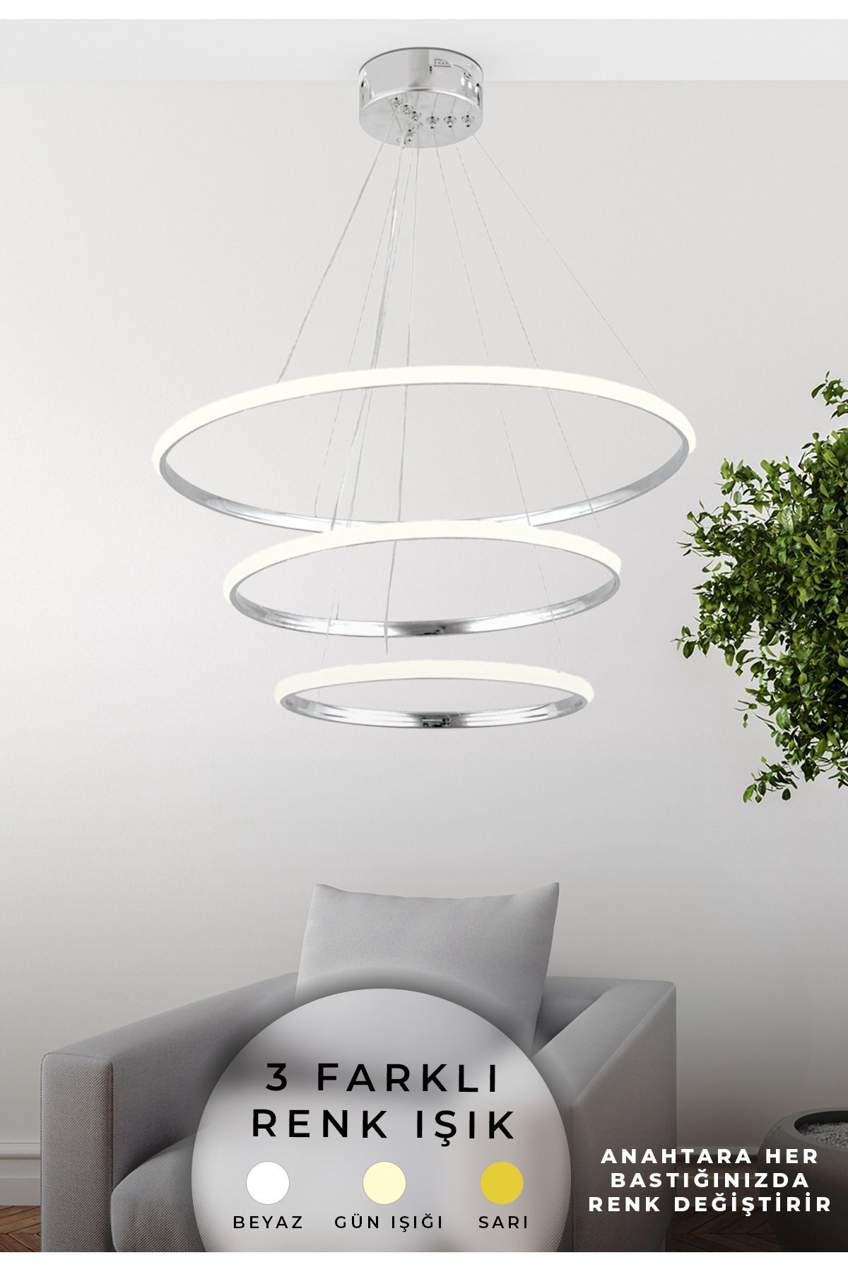 3 Renk Özellikli  Modern Gümüş Kaplamalı Mutfak Salon Avize - Led Avize