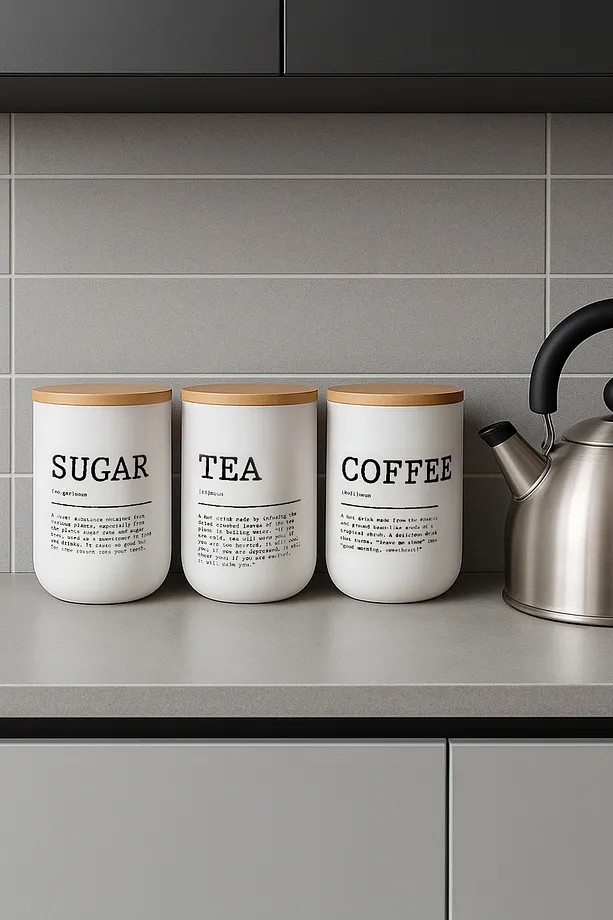 3'Lü Vakumlu Bambu Kapaklı Beyaz Tea Coffee Sugar Kavanoz Seti 900 Ml - Çay,Şeker,Kahve Kavanozu