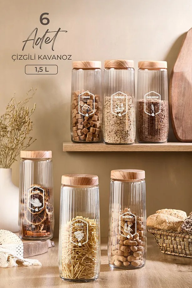  6 Adet 1,5 Litre Mega Boy Bambu Kapak Görünümlü Çizgili Kavanoz Seti 1500 ML