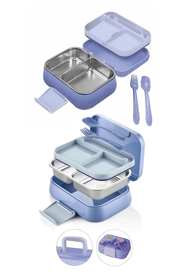 Happii Vakumlu 4 Bölmeli Paslanmaz Çelik Çocuk Beslenme Kabı - Deniz Kızı Desenli Yemek Kutusu