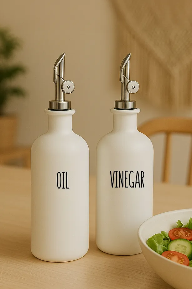 2'Li Akıllı Otomatik Kapaklı Cam Yağlık Sirkelik Seti 500 ml - Nordic Beyaz Yağdanlık Seti