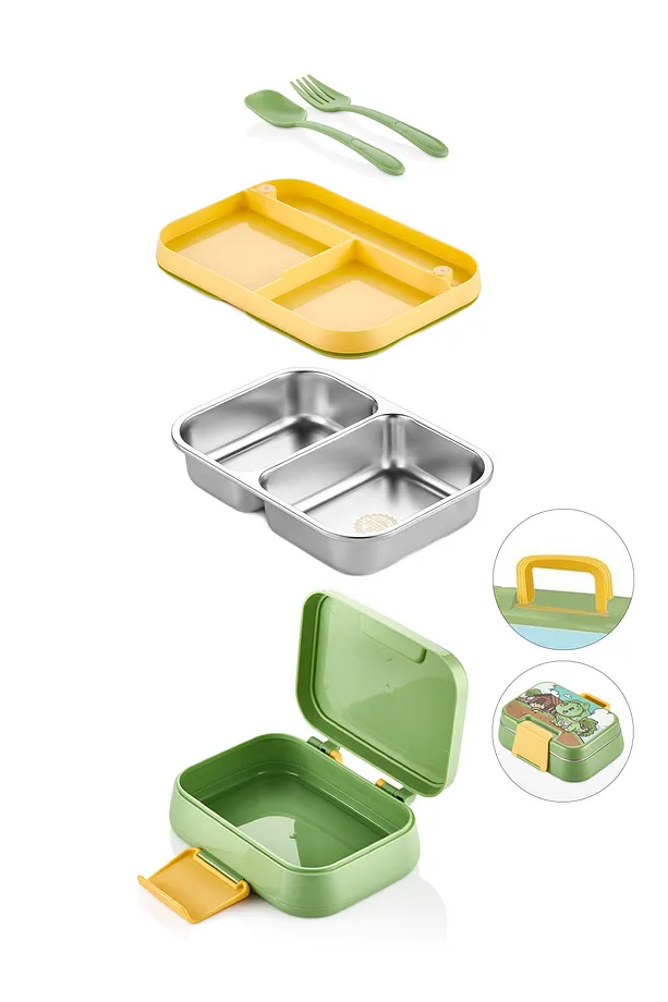 Happii Vakumlu 4 Bölmeli Paslanmaz Çelik Çocuk Beslenme Kabı - Dinazor Desenli Yemek Kutusu