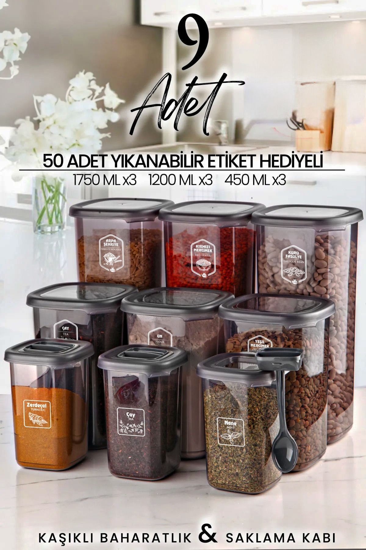 9'lu Etiketli Kare Erzak Saklama Kabı ve Kaşıklı Baharatlık Seti (1750ml + 1200ml + 450 ml)