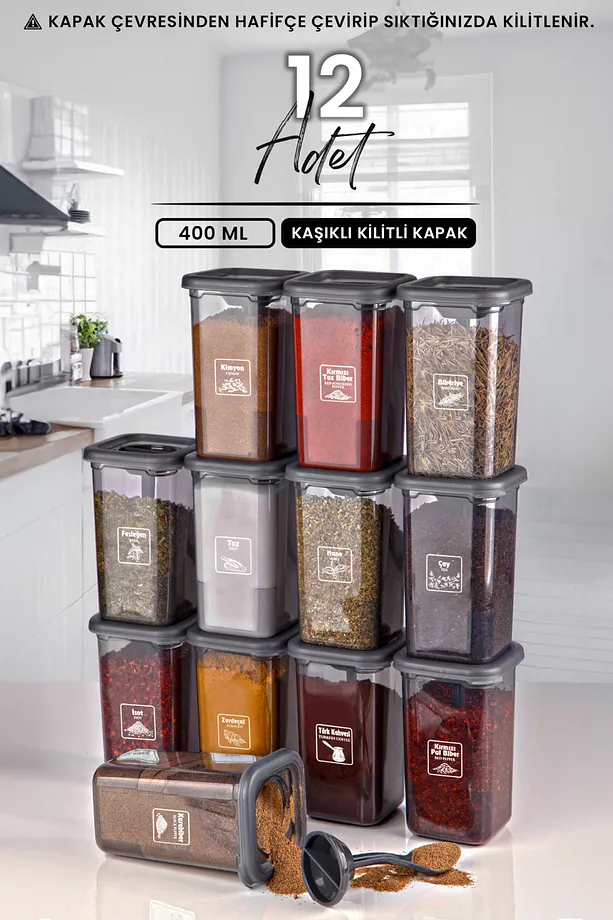 12'li Etiketli Kilitlenebilir Kapaklı Kendinden Kaşıklı Baharatlık Seti - Kilitli Baharatlık Takımı