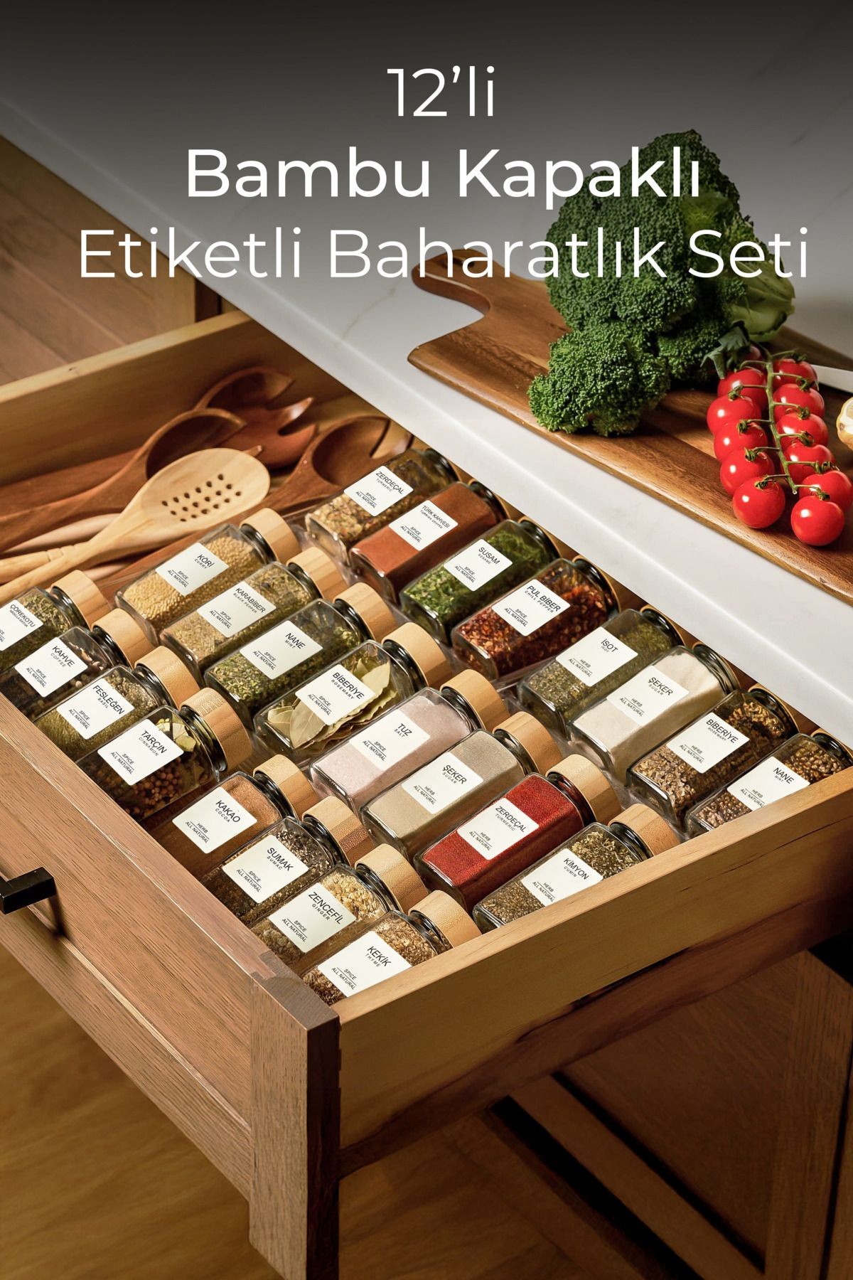 12’li Bambu Kapaklı Kare Cam Baharatlık Takımı / 40 Adet Etiket Hediyeli / 12 li Baharatlık Takımı
