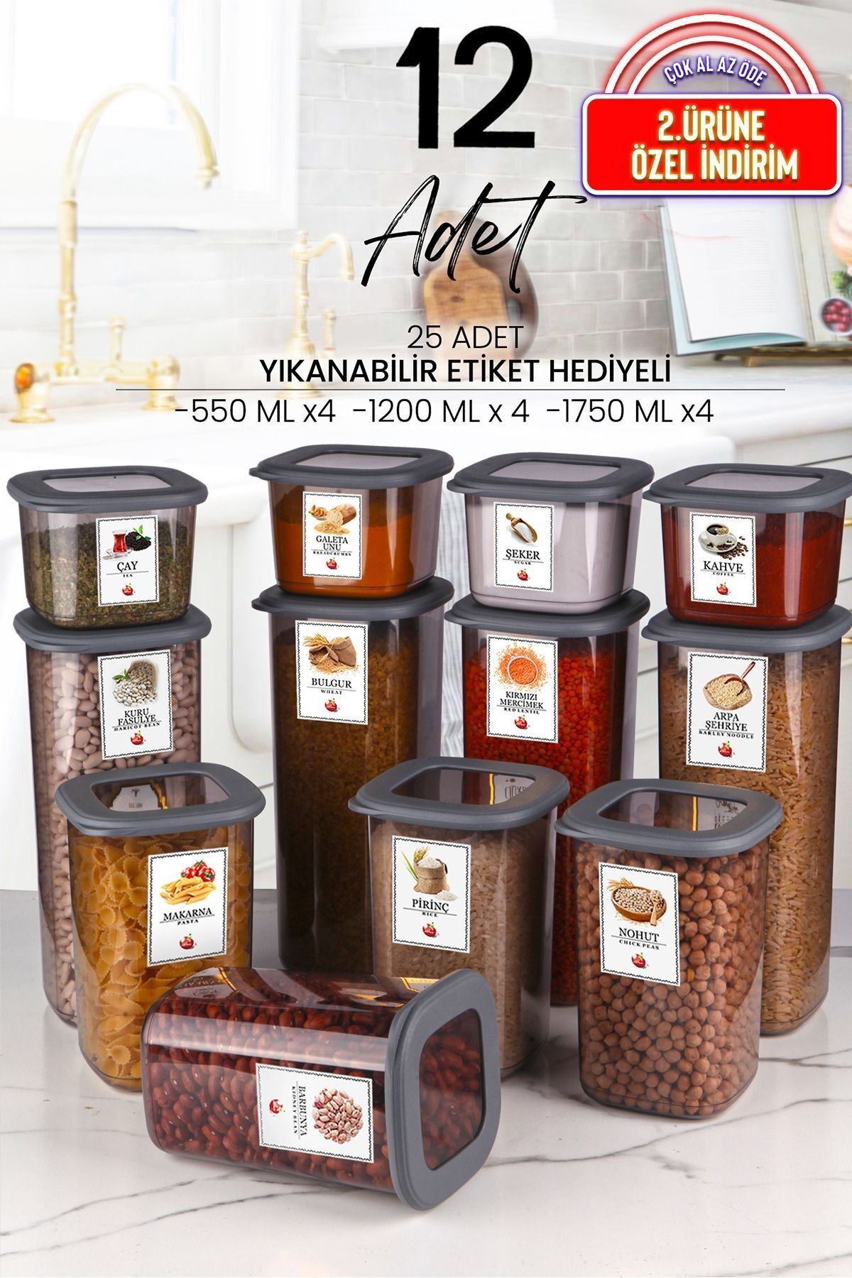 12'li Antrasit Kare Saklama Kabı Seti 8x(1750ml - 1200ml - 550ml)