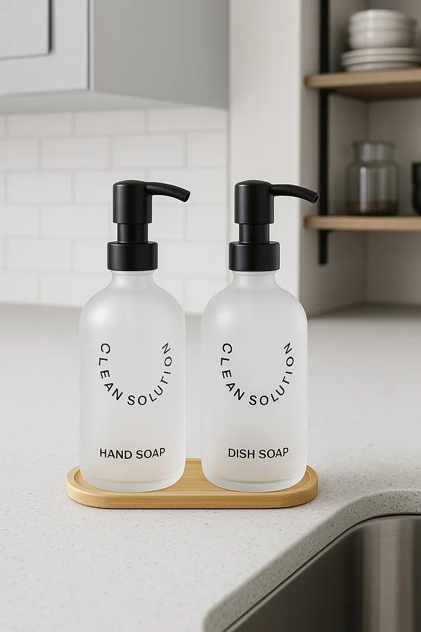 2' li Amber Bambu Altlıklı Cam Sıvı Sabunluk Seti 500 ml - Bambu Standlı Sabunluk Seti