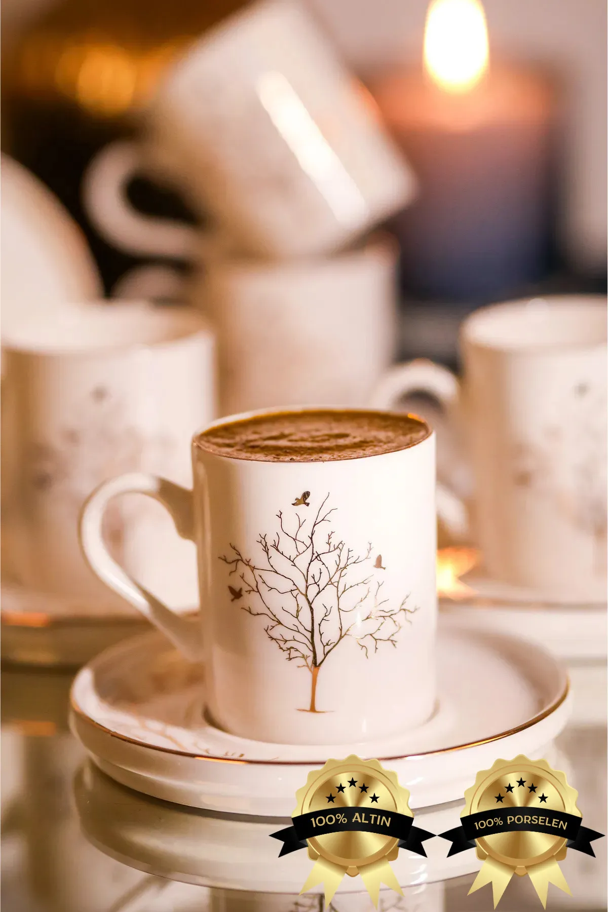 Hayat Ağacı 12 Parça 6 Kişilik Altın Yaldız 80 ml Porselen Kahve Fincan Takımı
